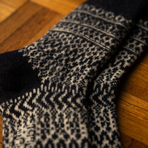 Colour & yarn detail for Nishiguchi Kutsushita Blue Wool Jacquard Socks