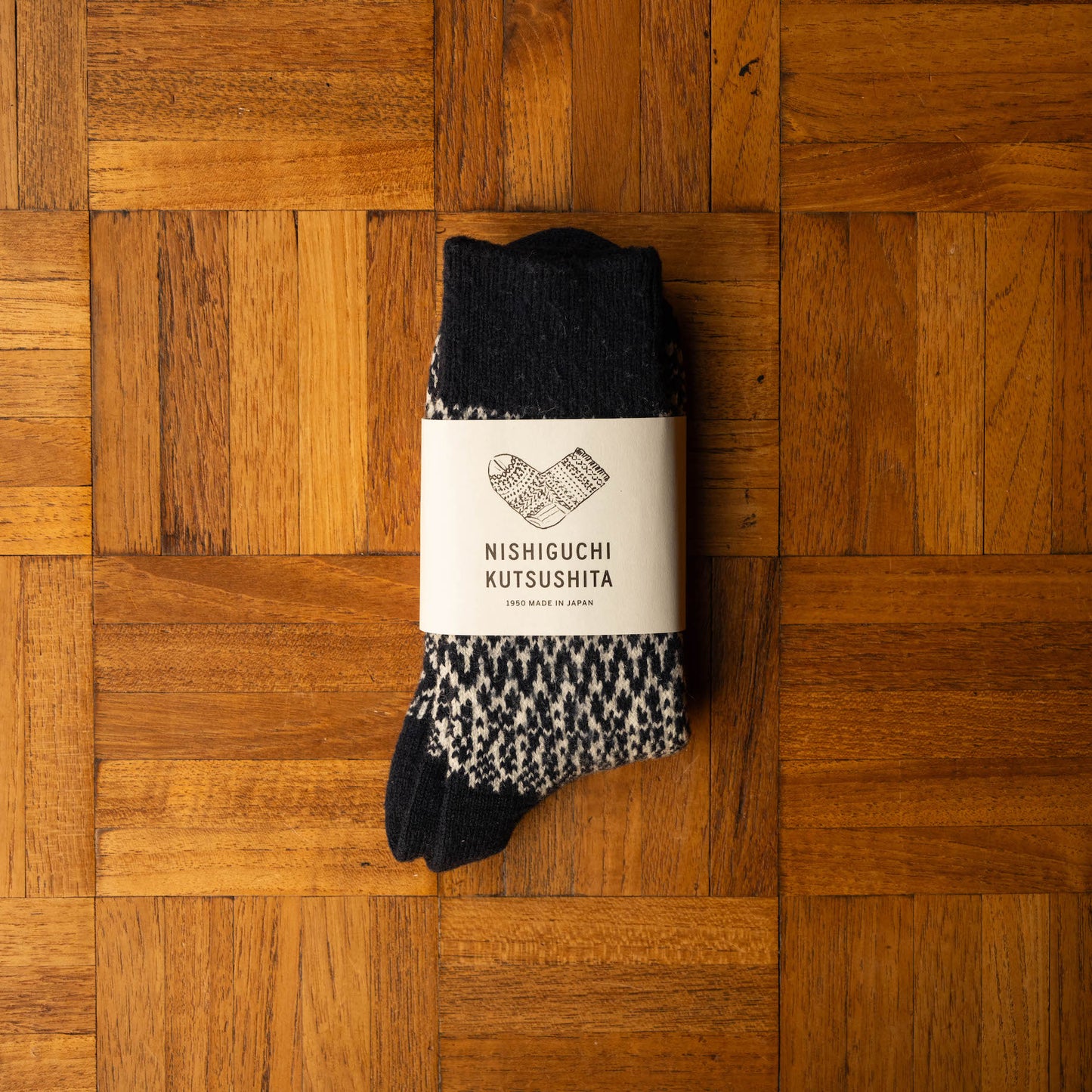 Nishiguchi Kutsushita Blue Wool Jacquard Socks with logo band