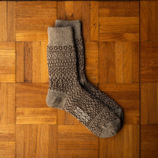 Nishiguchi Kutsushita Grey/Brown Wool Jacquard Socks