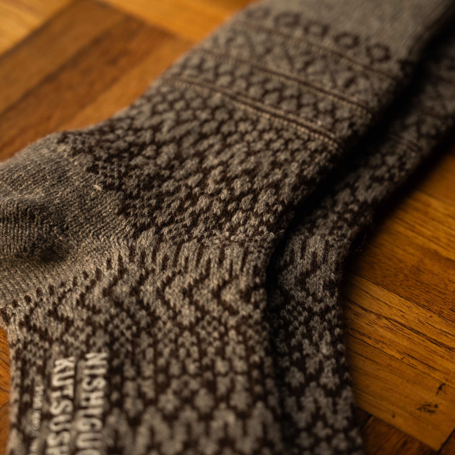 Colour & yarn detail for Grey/Brown Nishiguchi Kutsushita Wool Jacquard Socks