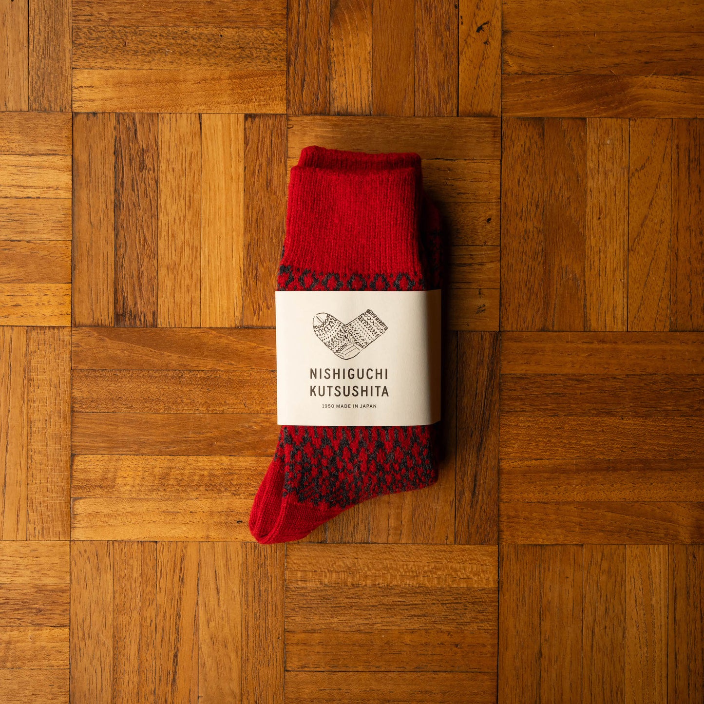 Nishiguchi Kutsushita Red Wool Jacquard Socks with logo band