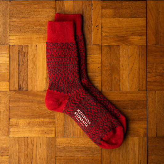 Nishiguchi Kutsushita Red Wool Jacquard Socks