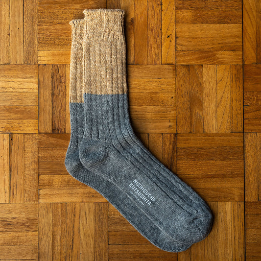 Nishiguchi Kutsushita Wool Cotton Slab Socks. Boston Cream Pie Colour. (charcoal grey & biscuit) 