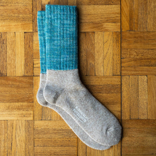 Nishiguchi Kutsushita Mohair & Wool socks with a turquoise blue leg & cuff with a grey heel & sole