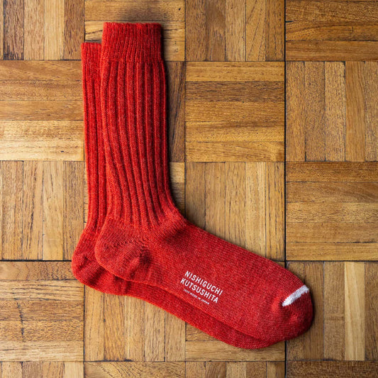 Nishiguchi Kutsushita Shrine Red Wool Ribbed Socks 