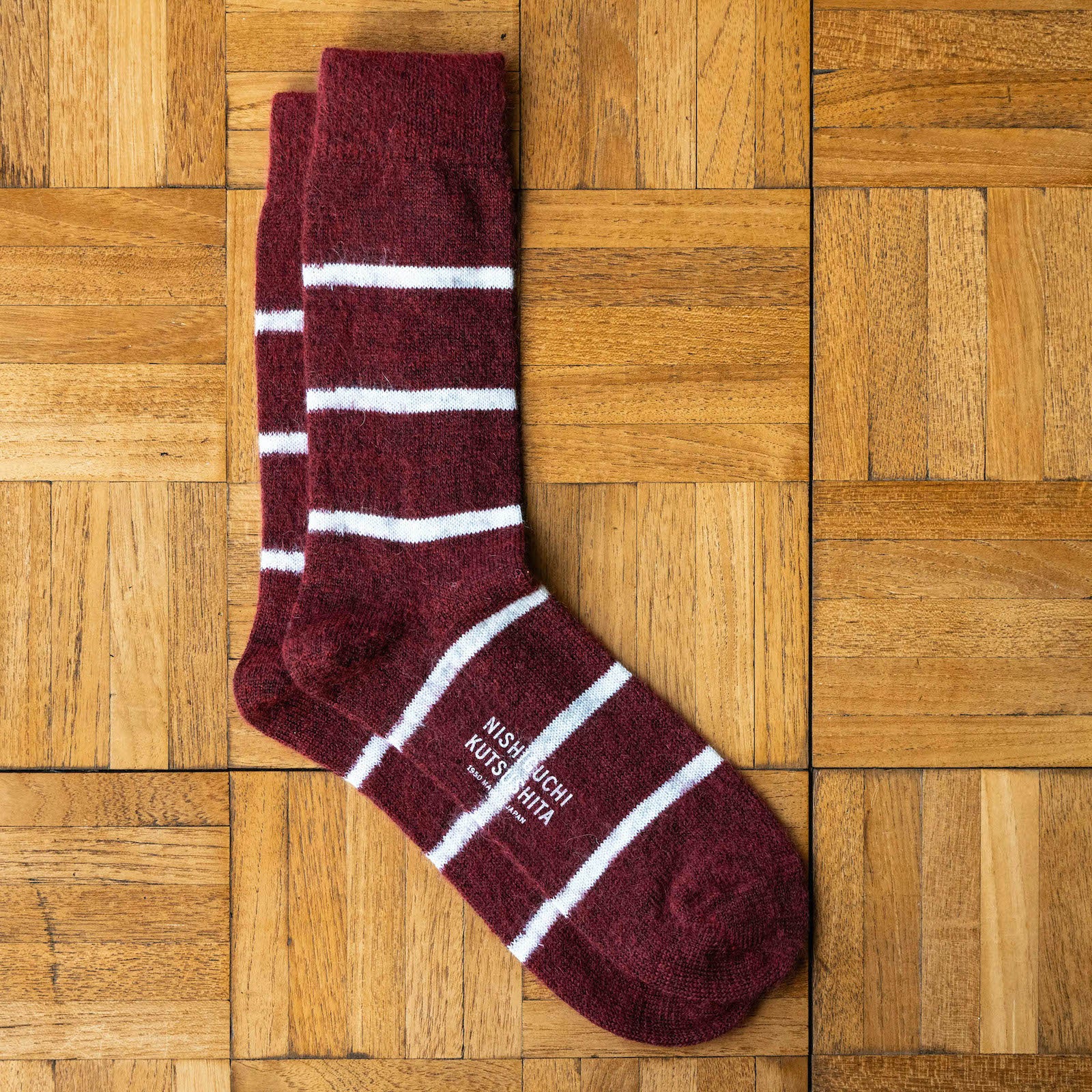 Nishiguchi Kutsushita Wine coloured mohair & wool socks with white stripes