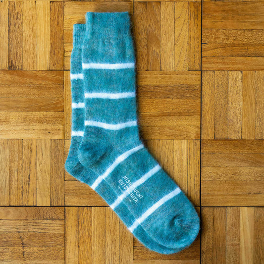 Nishiguchi Kutsushita Turquoise Blue Mohair & Wool socks with white stripes 