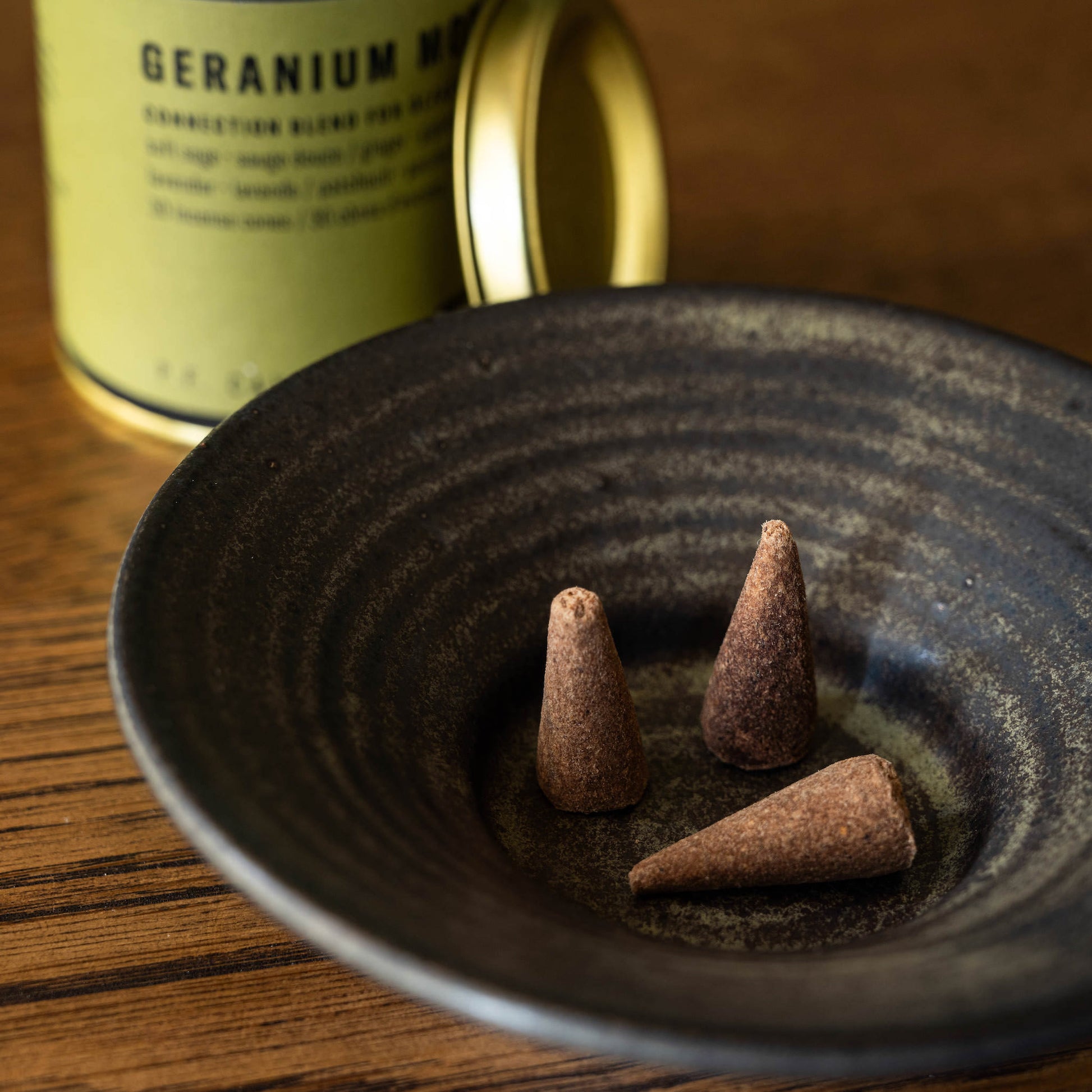Geranium Moss PF Candle Co incense cones & Pottery West stoneware stumpie candle holder. 
