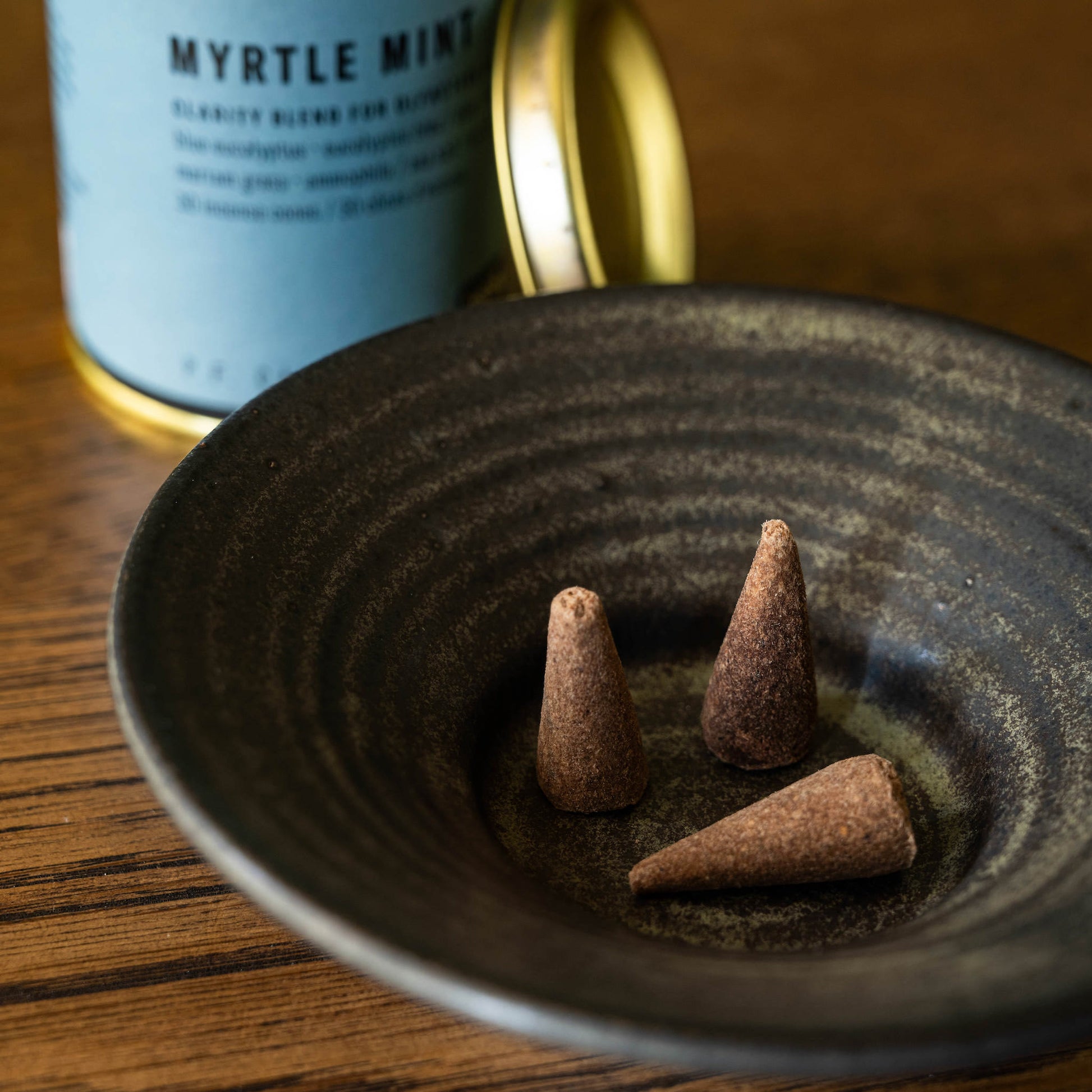 Myrtle Mint PF Candle Co Incense cones in stoneware stumpie candle holder. 