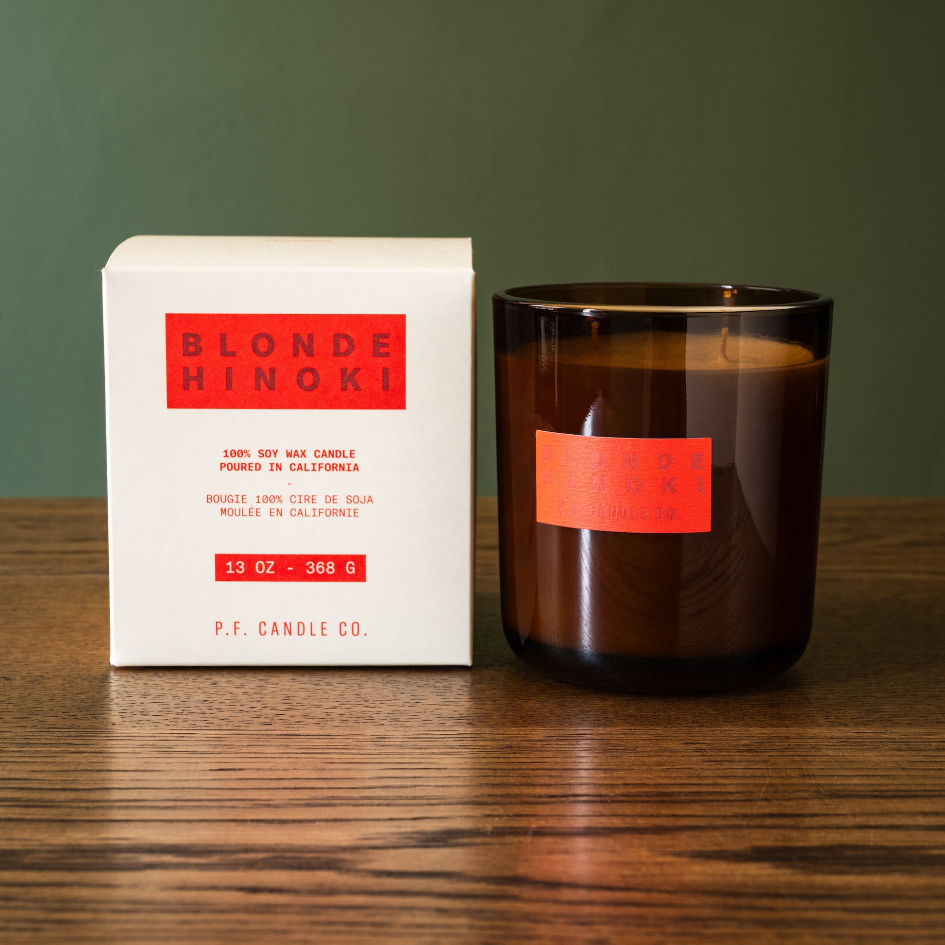 PF Candle Co Blonde Hinoki soy wax scented candle with box. 