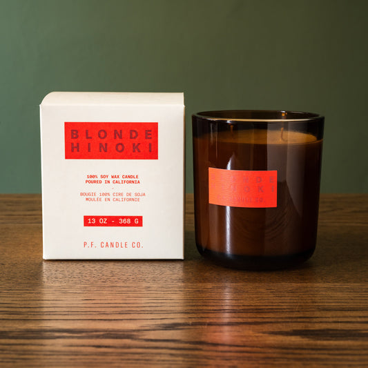 PF Candle Co Blonde Hinoki soy wax scented candle with box. 