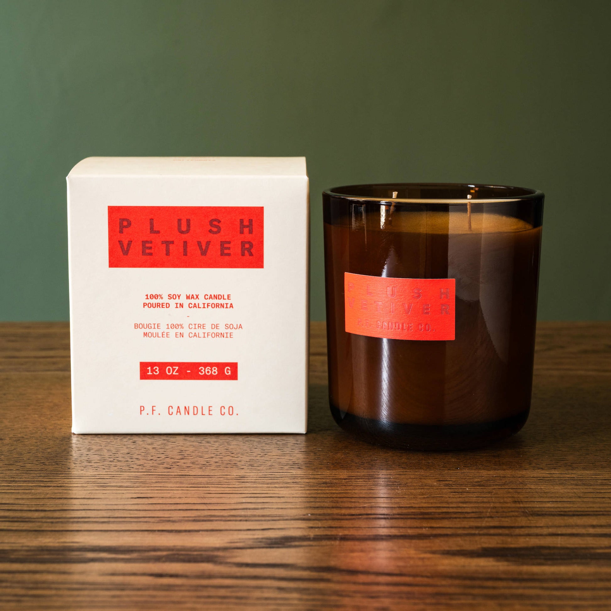 PF Candle Co Plush Vetiver soy wax scented candle and box. 
