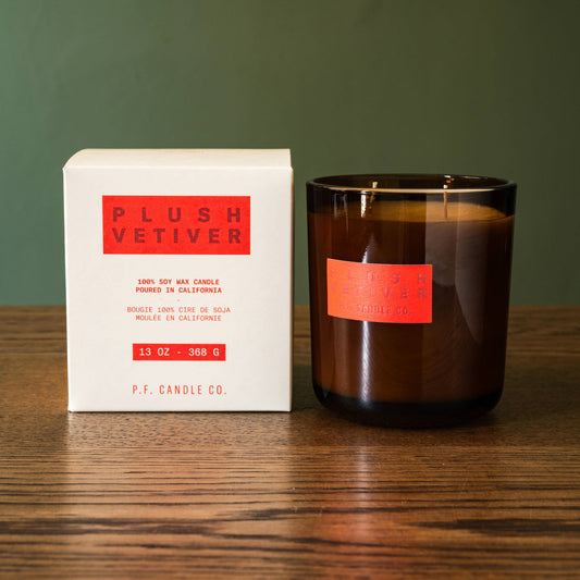 PF Candle Co Plush Vetiver soy wax scented candle and box. 
