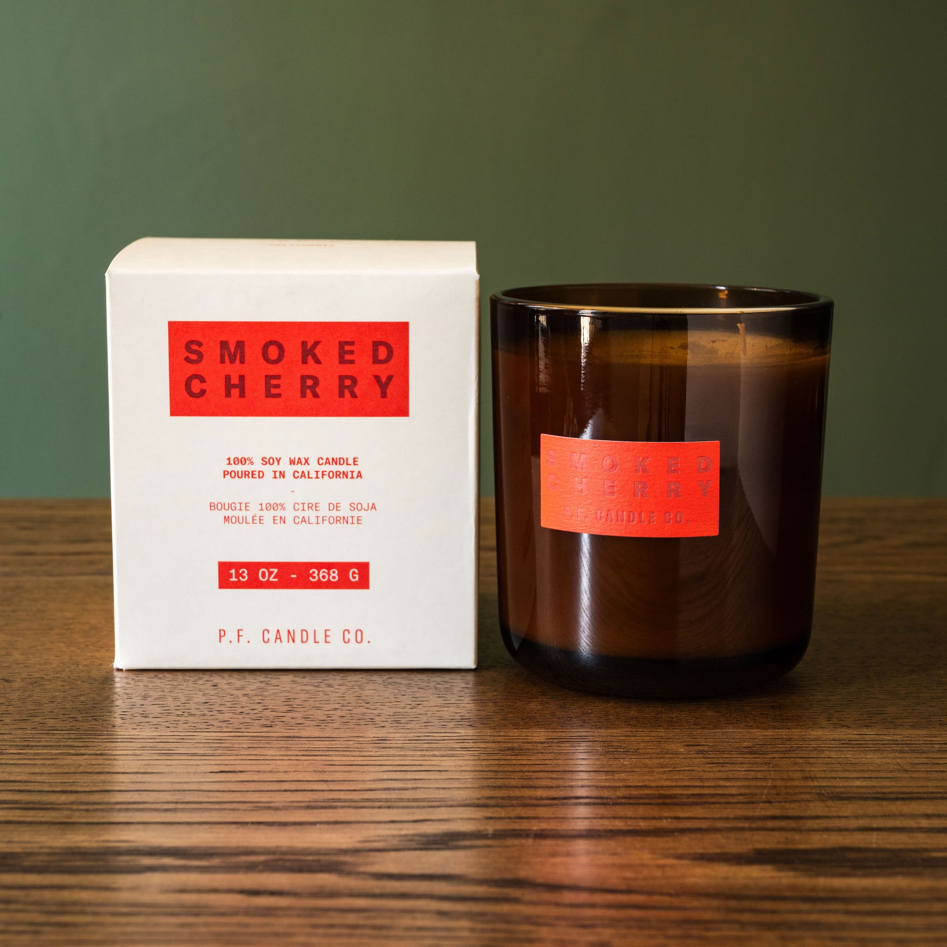 PF Candle Co Smoked Cherry soy wax scented candle with box. 