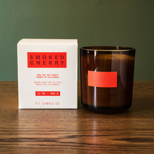 PF Candle Co Smoked Cherry soy wax scented candle with box. 