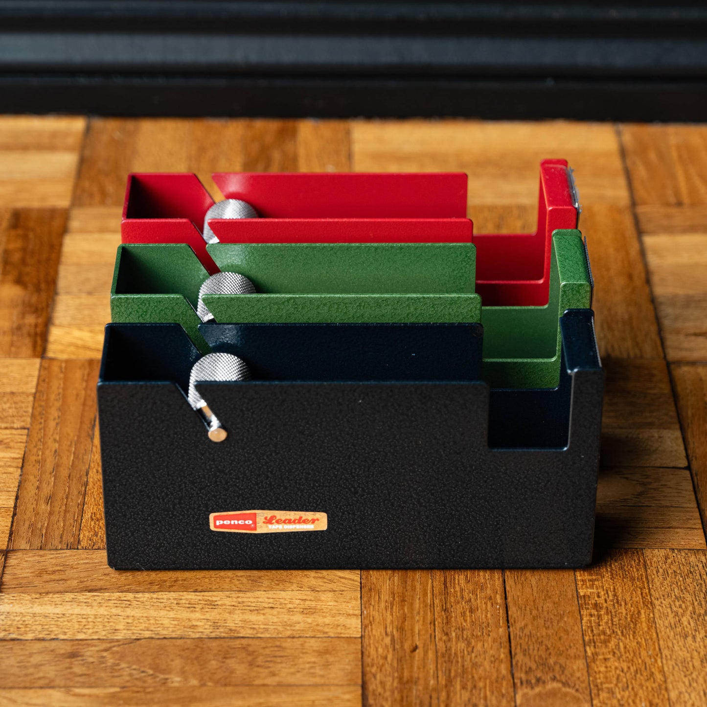 Penco Large Tape Dispenser in Navy, Green & Red hammered steel. 