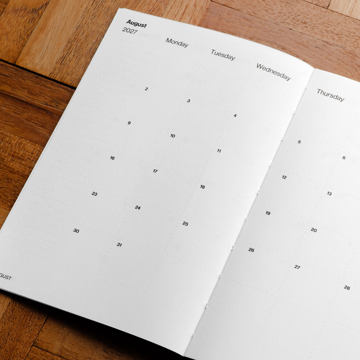 Pith Supply monthly calendar page showing August 2027 with days of the week printed in black on white pages.