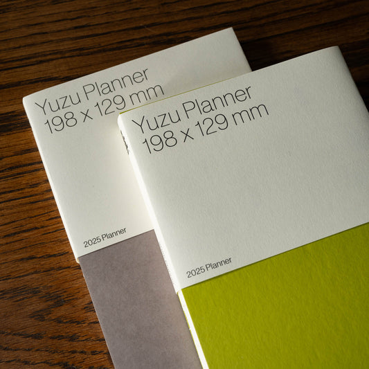 Pith Supply Yuzu 2025 Planner in Taupe & Chartreuse colourways.