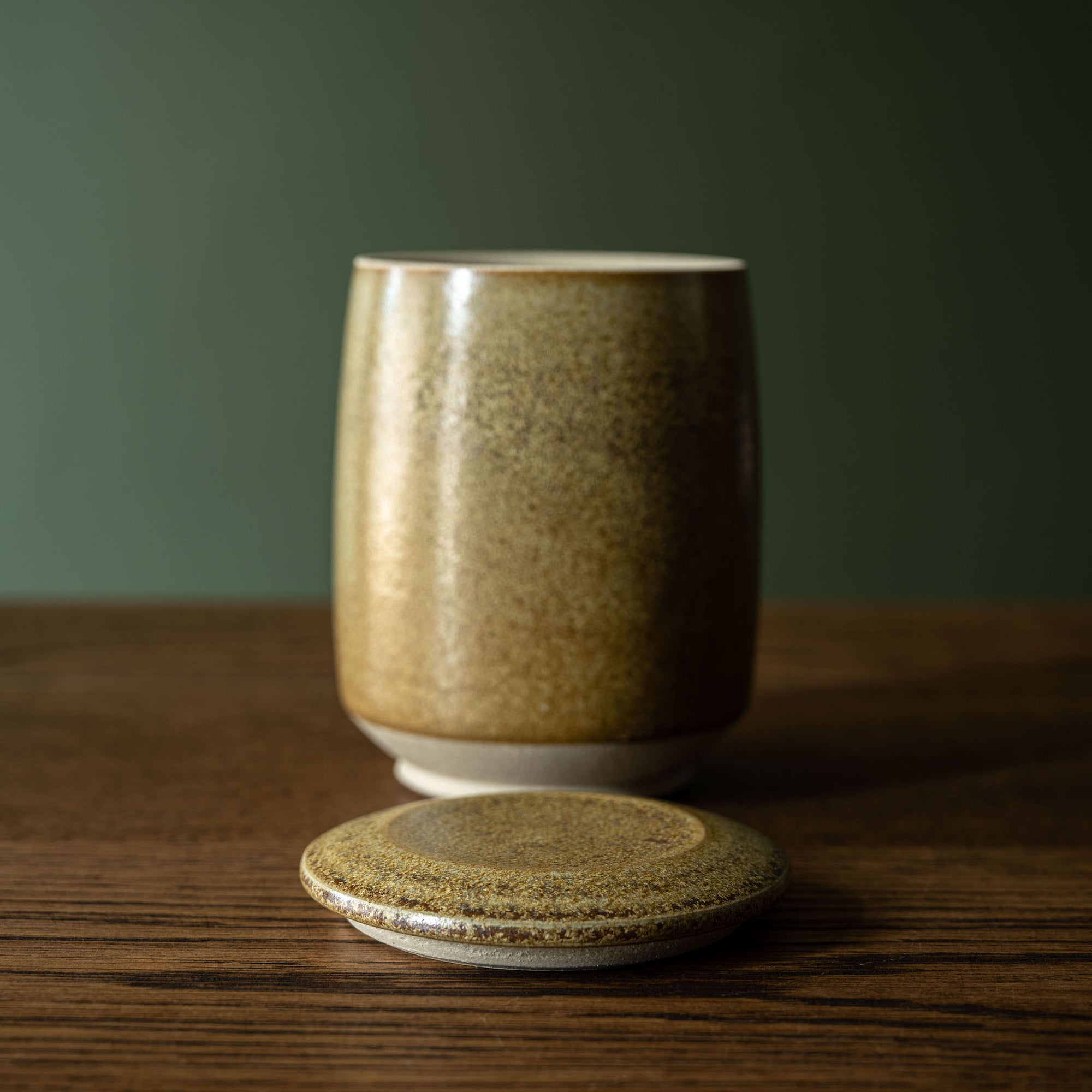 Pottery West Stoneware Ochre Glaze Lidded Jar with Lid Off 
