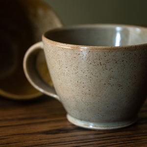 Pottery West Stoneware Curved Mug Olive Glaze Close Up
