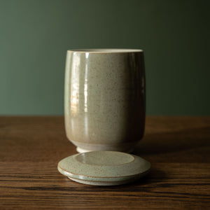 Pottery West Olive glaze Stoneware Lidded Jar with Lid Off