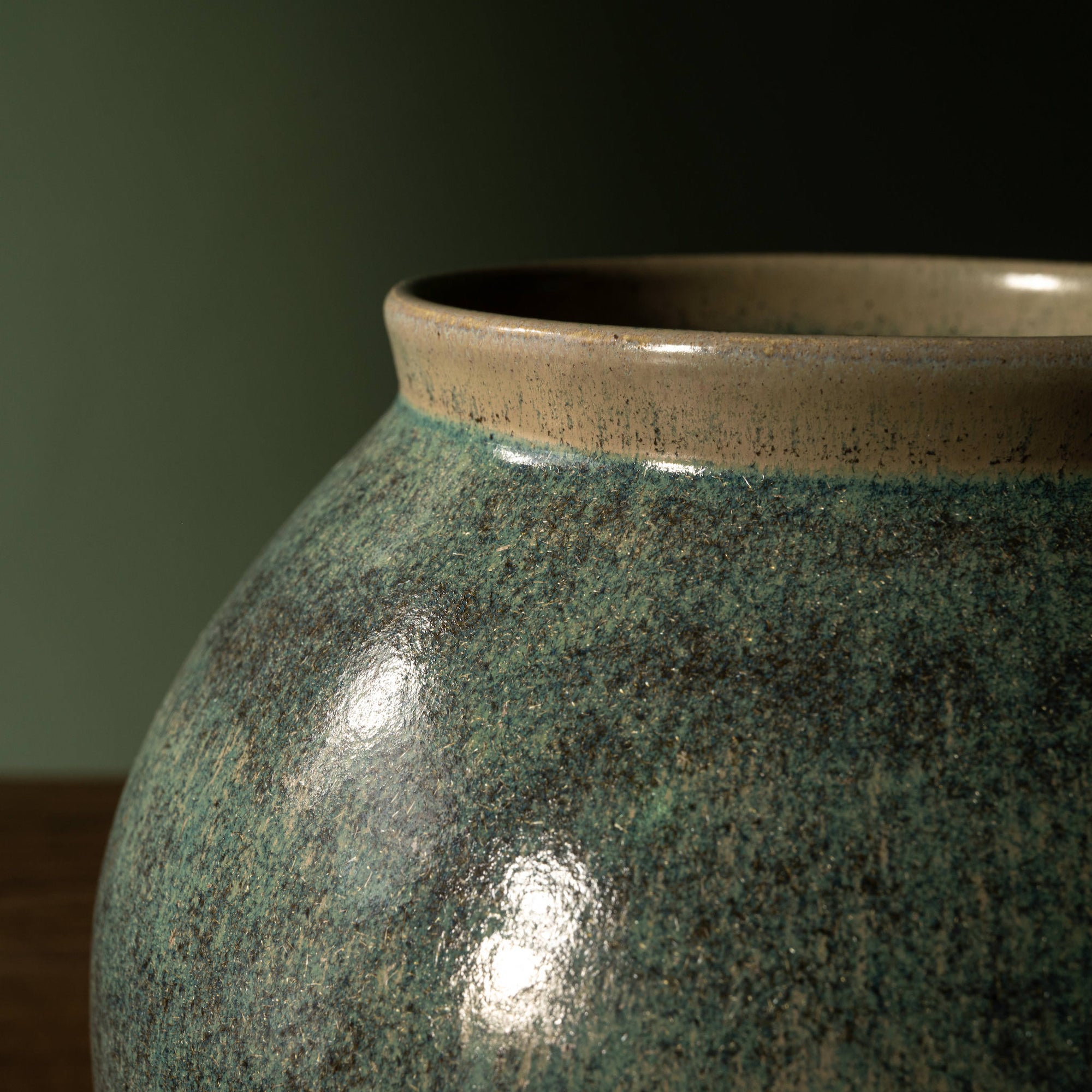 Pottery West Stoneware Rounded Vase rim in Nori glaze