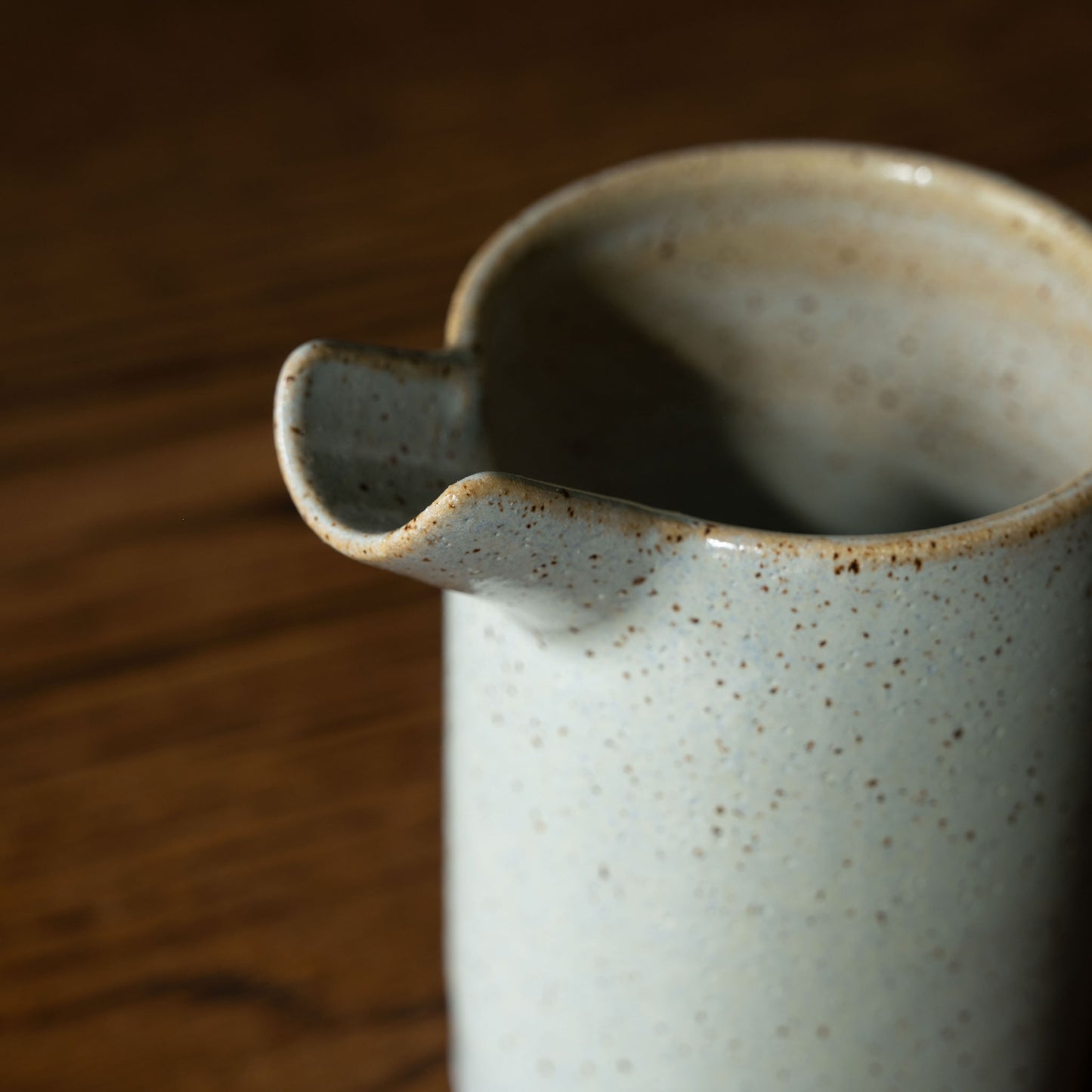 Spout detail of the Pottery West stoneware pourer in powder blue