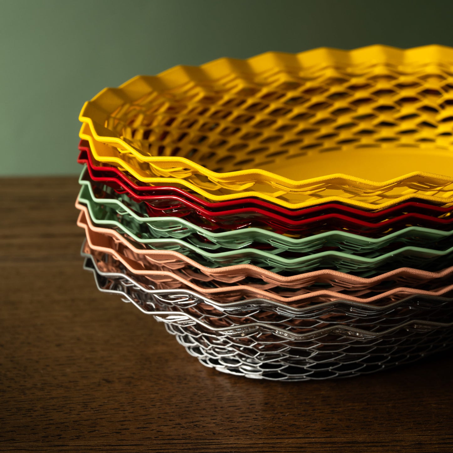 Stainless Steel oval bread baskets stacked together