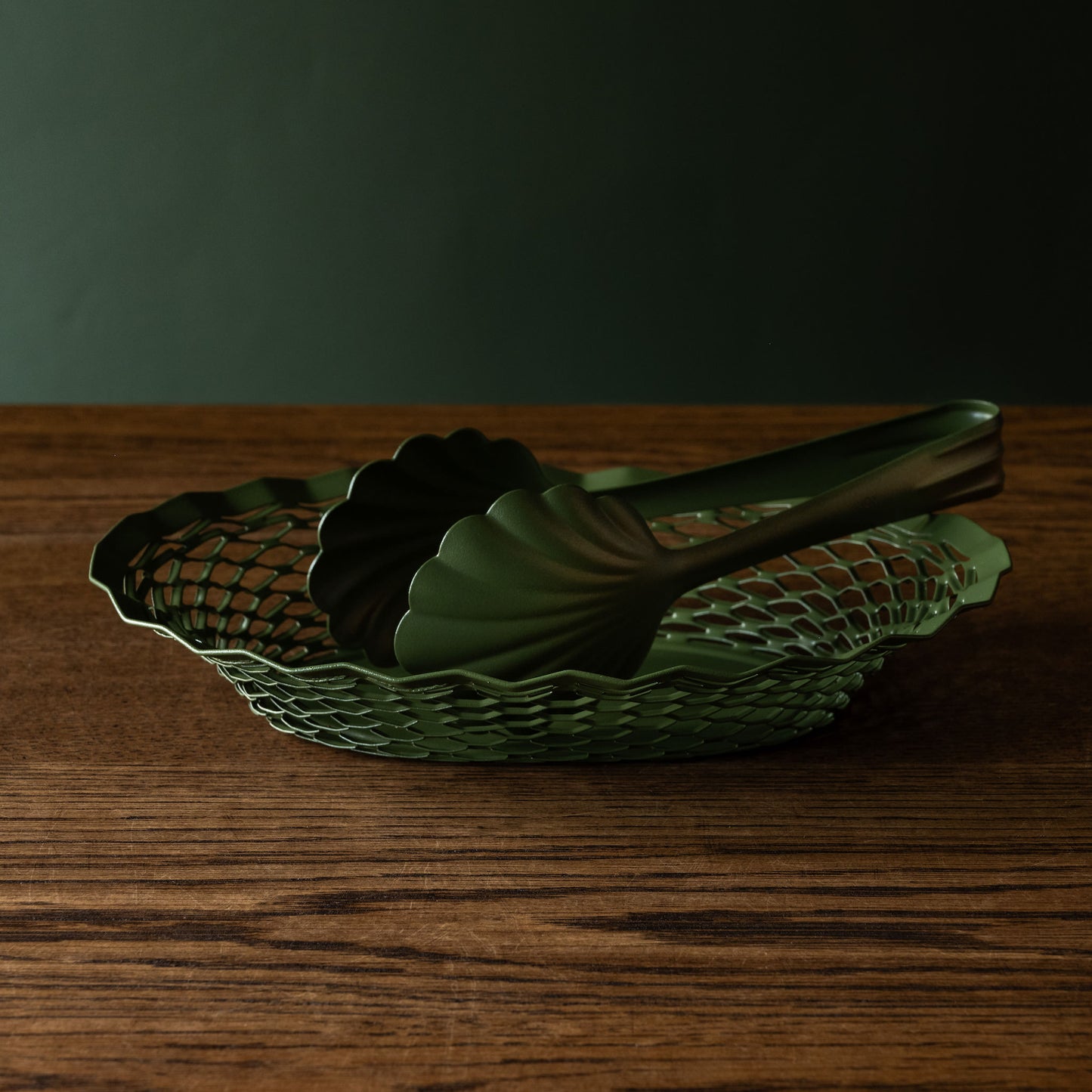 Roger Orfevre Khaki green steel bakery tongs and matching khaki green steel oval basket 