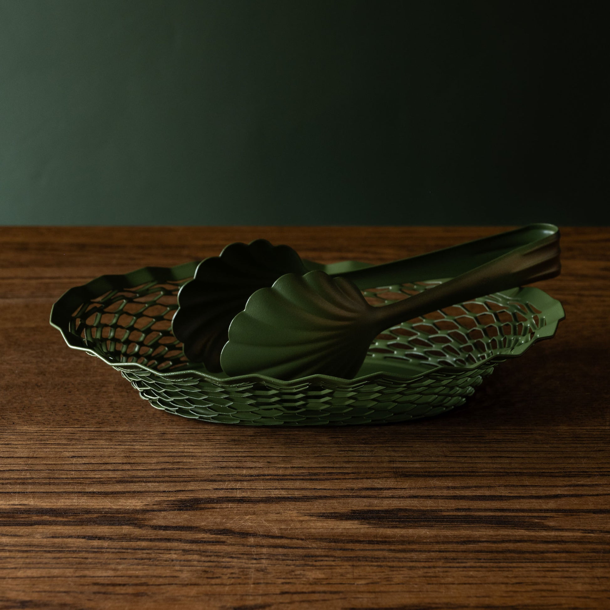 Roger Orfevre Khaki green steel bakery tongs and matching khaki green steel oval basket 
