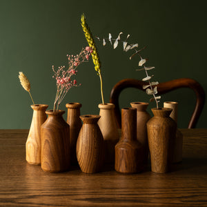 Selwyn House hand turned mini wooden vases in assorted woods and shapes