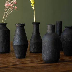 Selwyn House Hand Turned Ebonised Oak Mini Wooden Vases