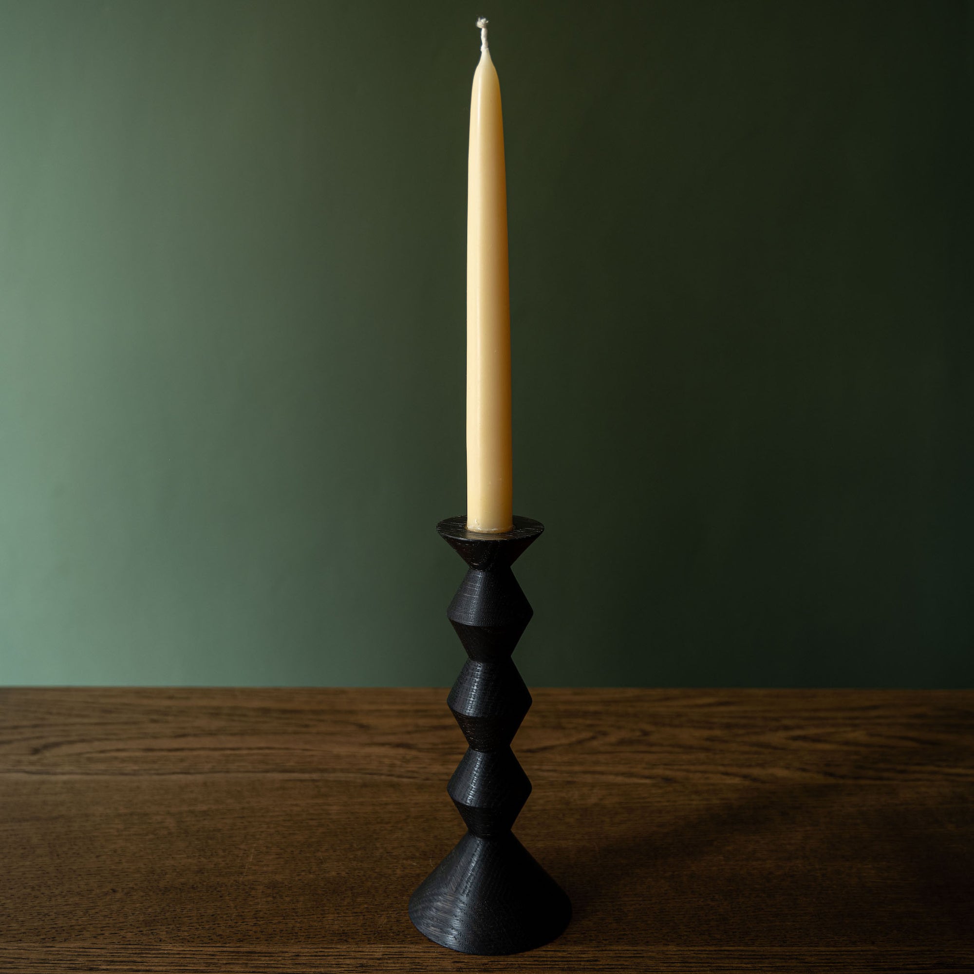 Selwyn House Hand Turned Ebonised Oak Tall Stack Candlestick & Beeswax Dinner Candle
