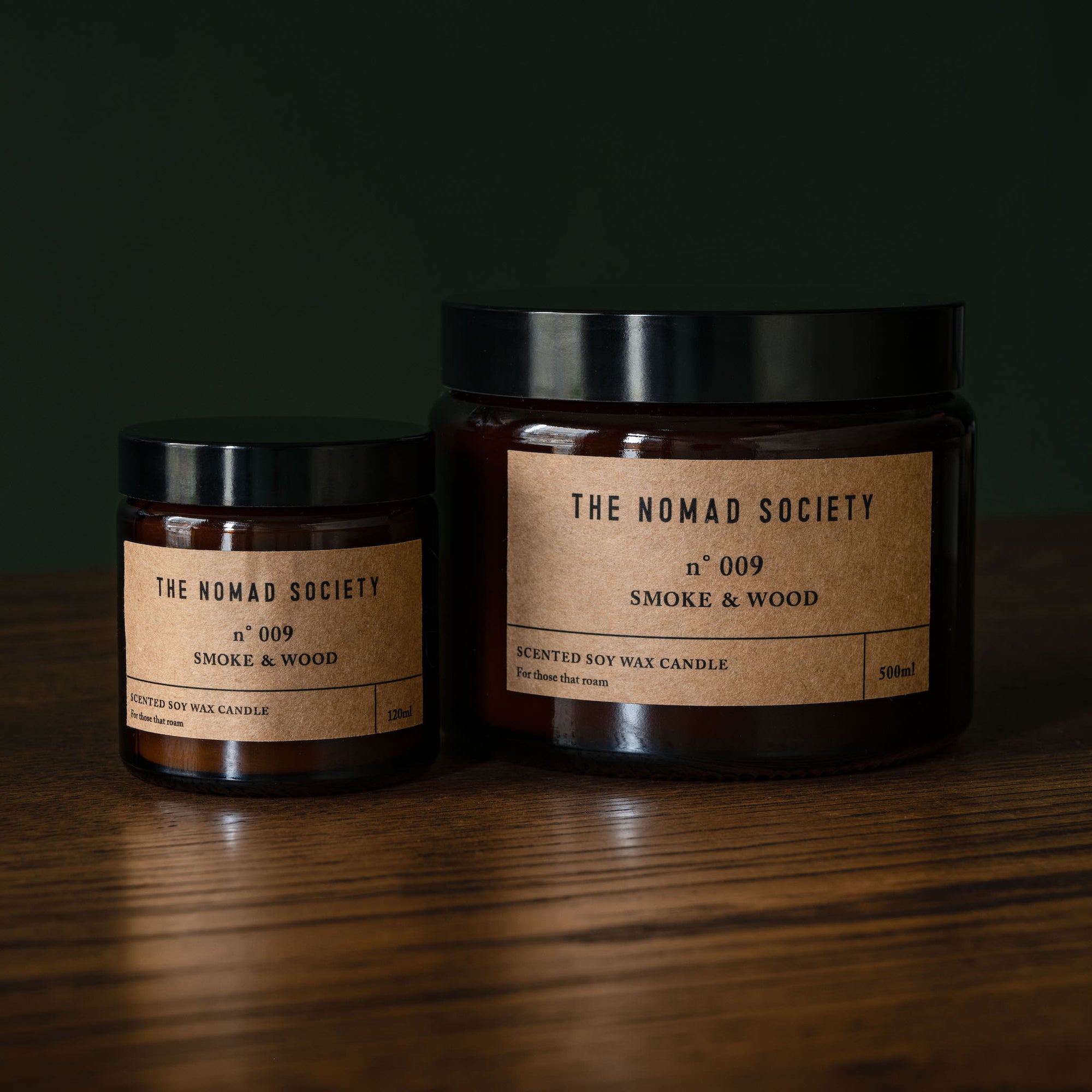 The Nomad Society Smoke & Wood small & large scented candles