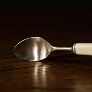 Tricketts of Sheffield Teaspoon close up of Sheffield Steel spoon & cream handle