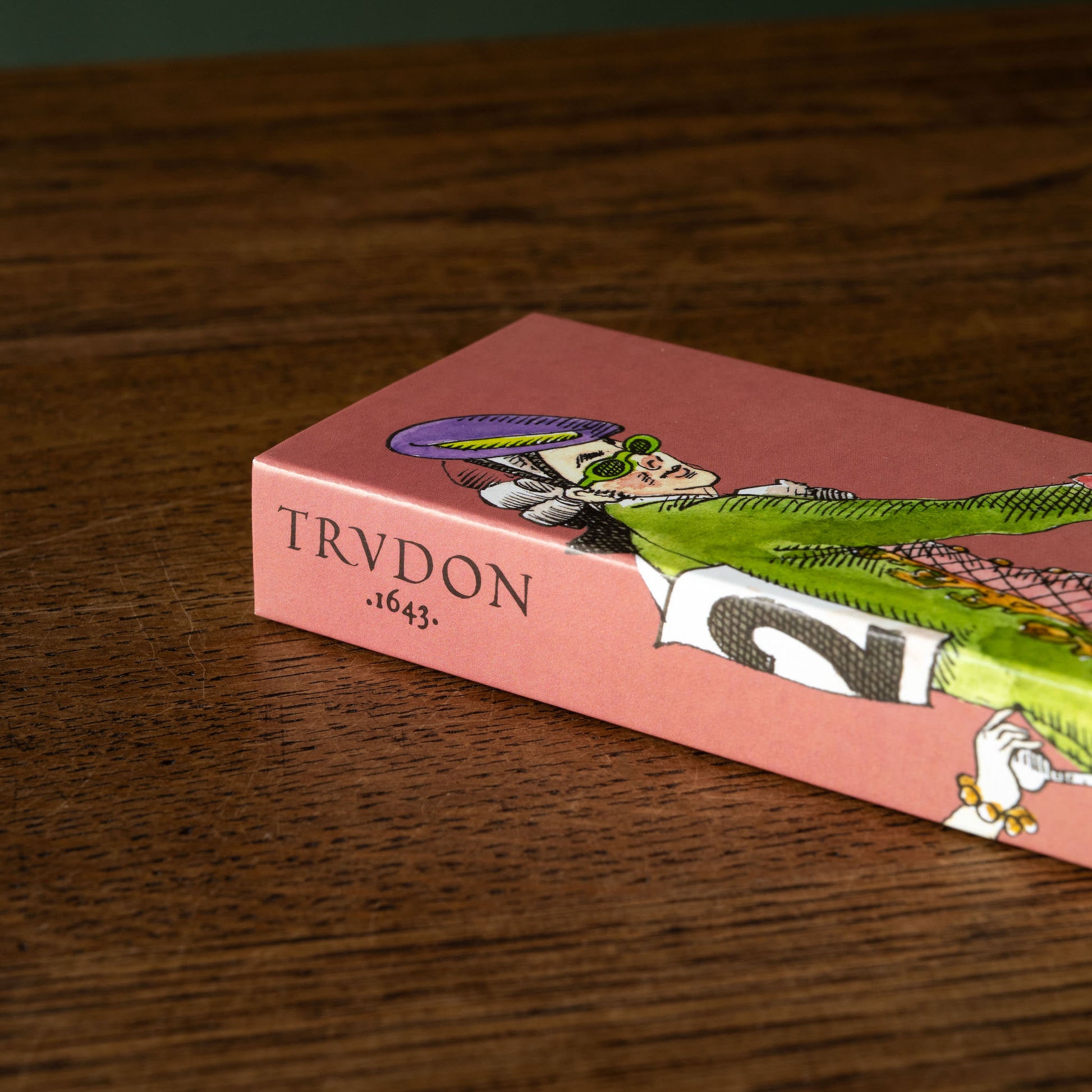 Close up of Trudon Ernesto scented matches in a Decorative box with a vintage-style illustration 
