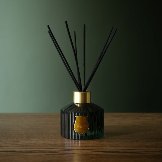 Trudon Figuerie scented reed diffuser in celadon glass bottle with gold cap and black reeds on a wooden surface against a green wall