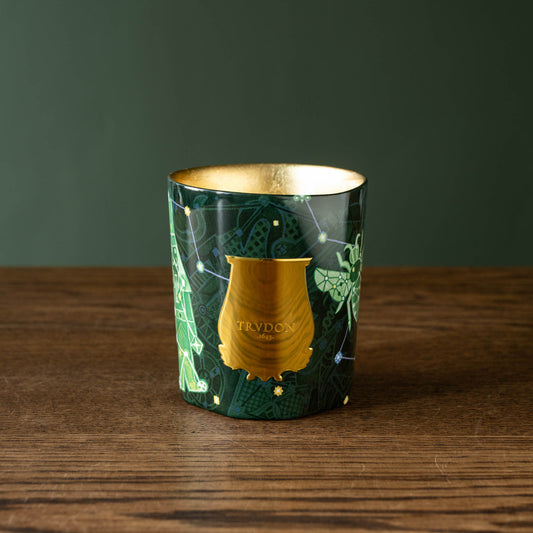 Trudon Enchanted Night Fir Candle in a decorative green and gold glass vessel  