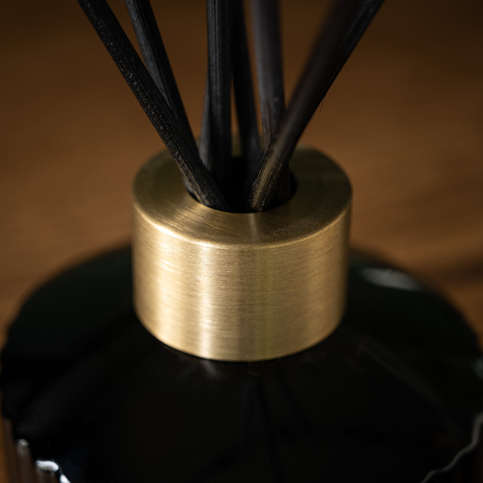 Close-up of Trudon Gabriel diffuser gold cap bottle neck with black reeds 