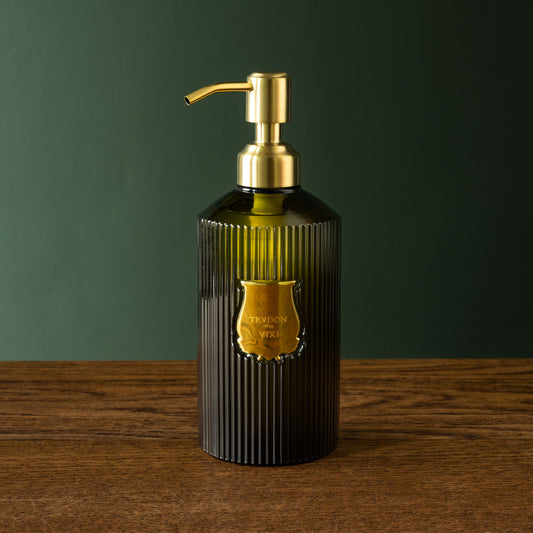 Trudon dark green glass soap dispenser with gold pump 
