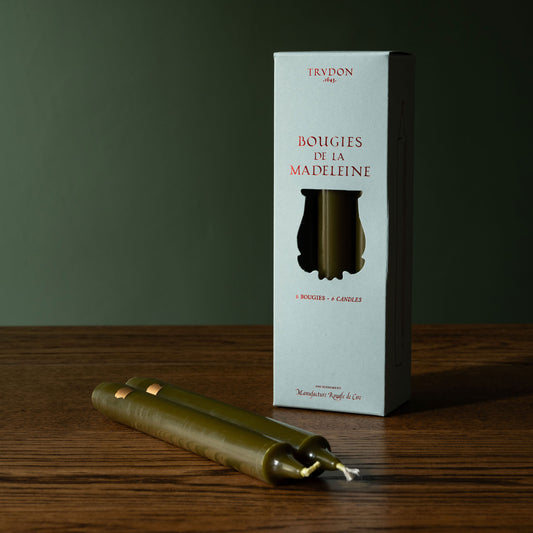 Trudon Madeleine khaki taper candles with Trudon packaging box on a wooden surface