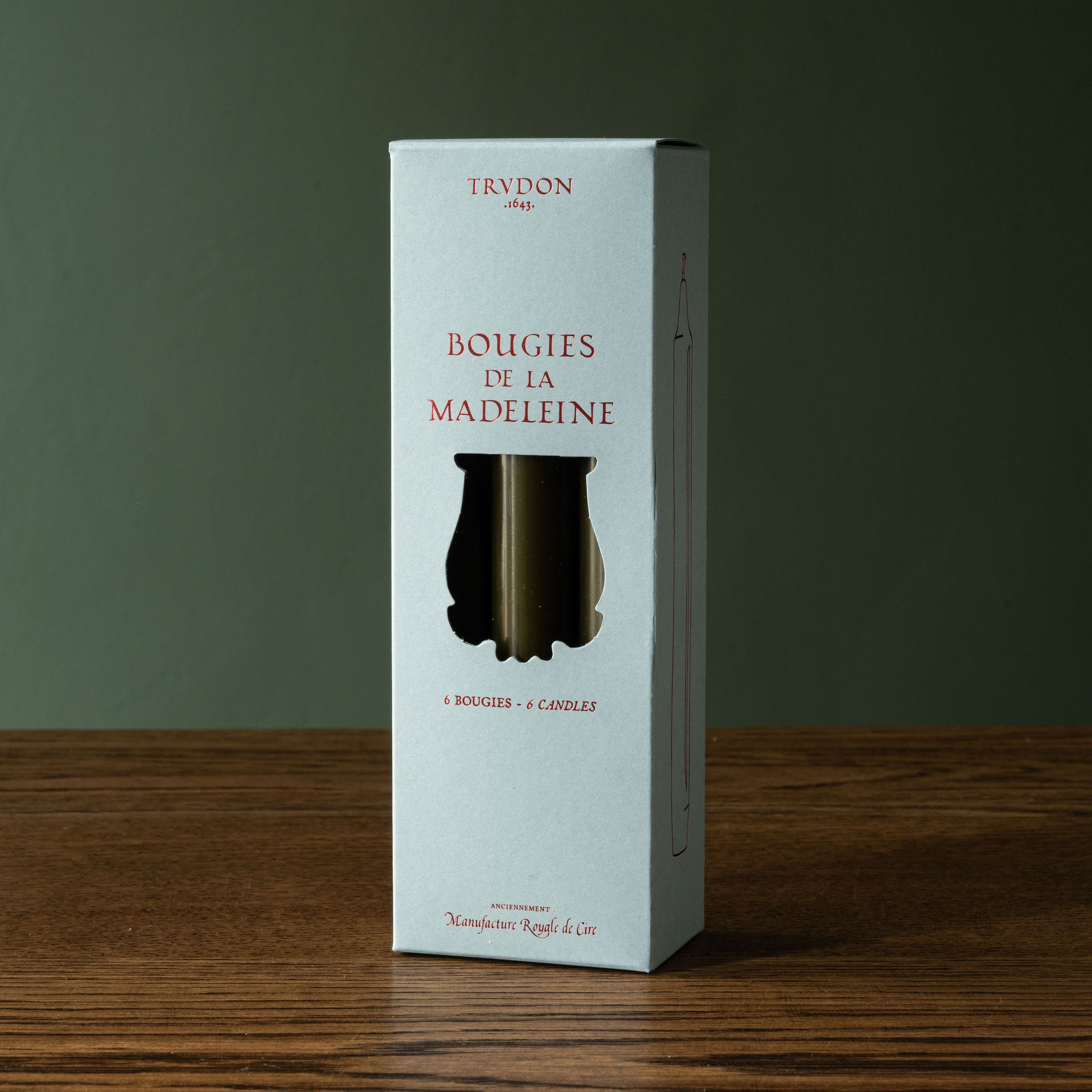 Box of six khaki Trudon Madeleine taper candles
