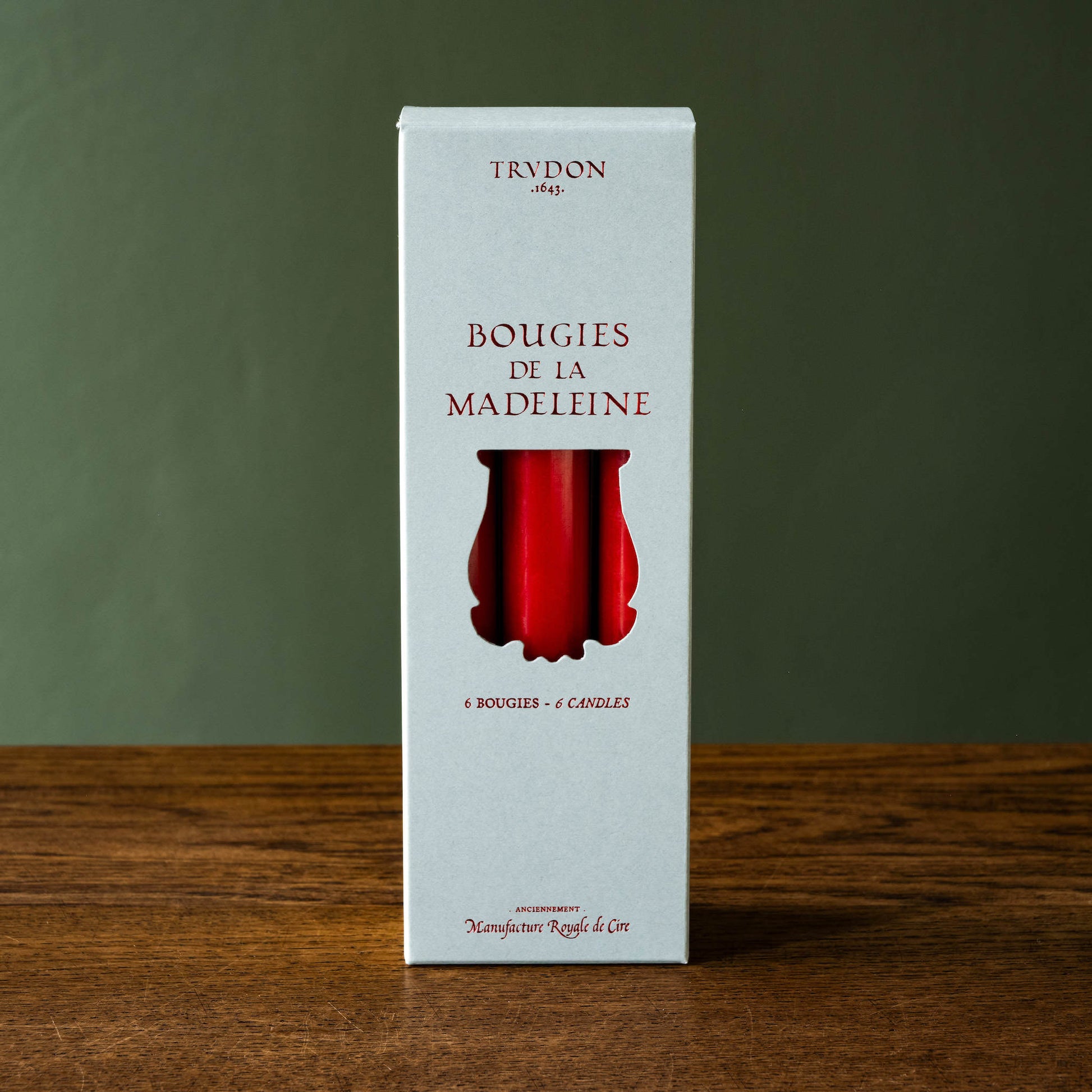 Trudon Madeleine box of 6 red taper candles 
