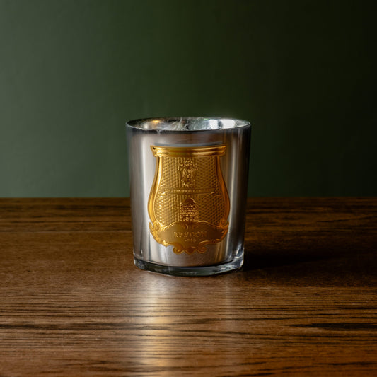 Trudon limited edition La Nuit des Glaces Cabinet des Miroirs 270g scented candle. Housed inside a mirror finish glass jar with Trudon ornate gold crest emblem on the front, set on a dark wooden table against a dark green background.