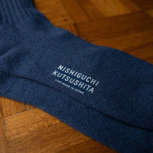 Nishiguchi Kutsushita Blue Silk & Cotton Socks Branding 