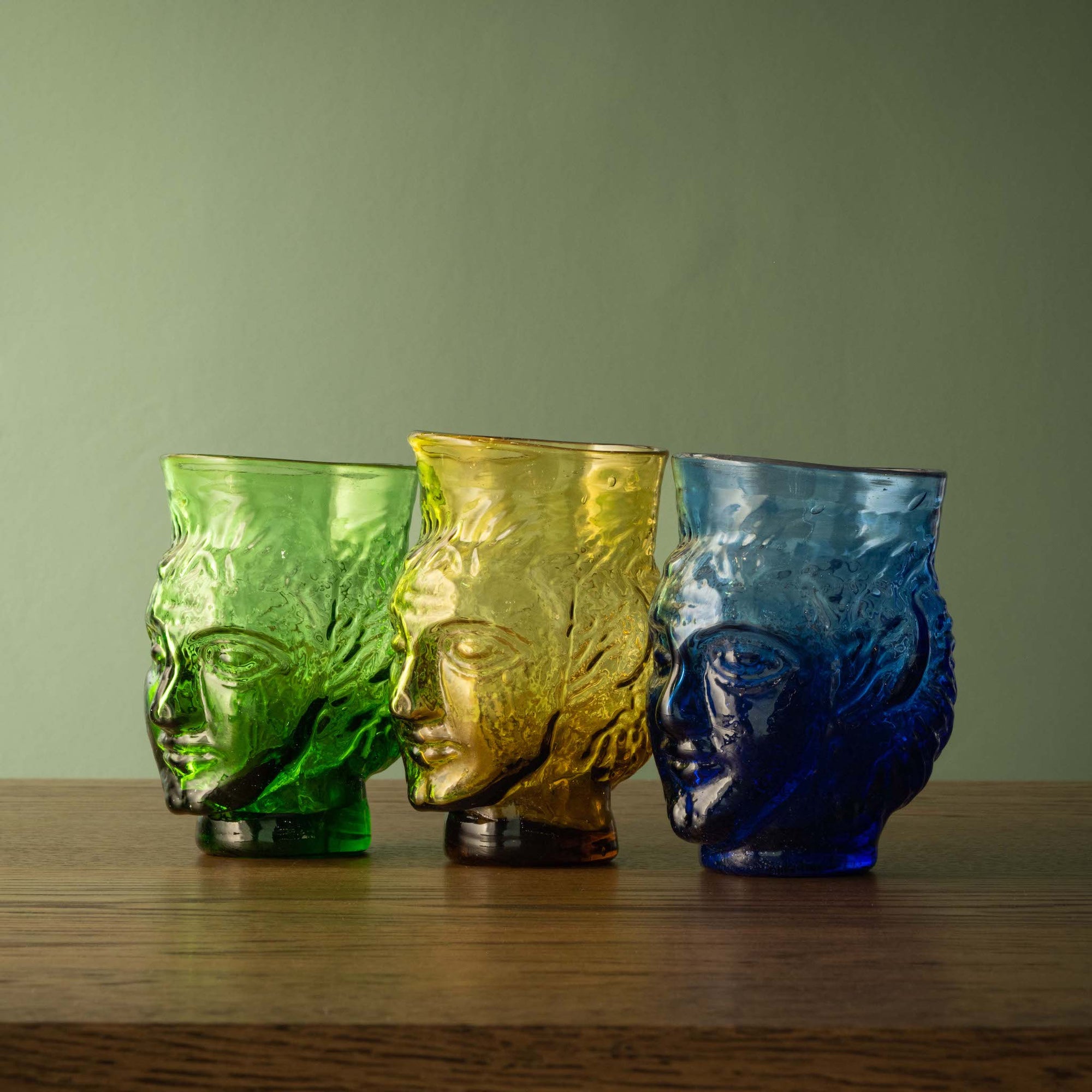 La Soufflerie Verre Tete in Green, Yellow and Dark Blue Recycled Glass