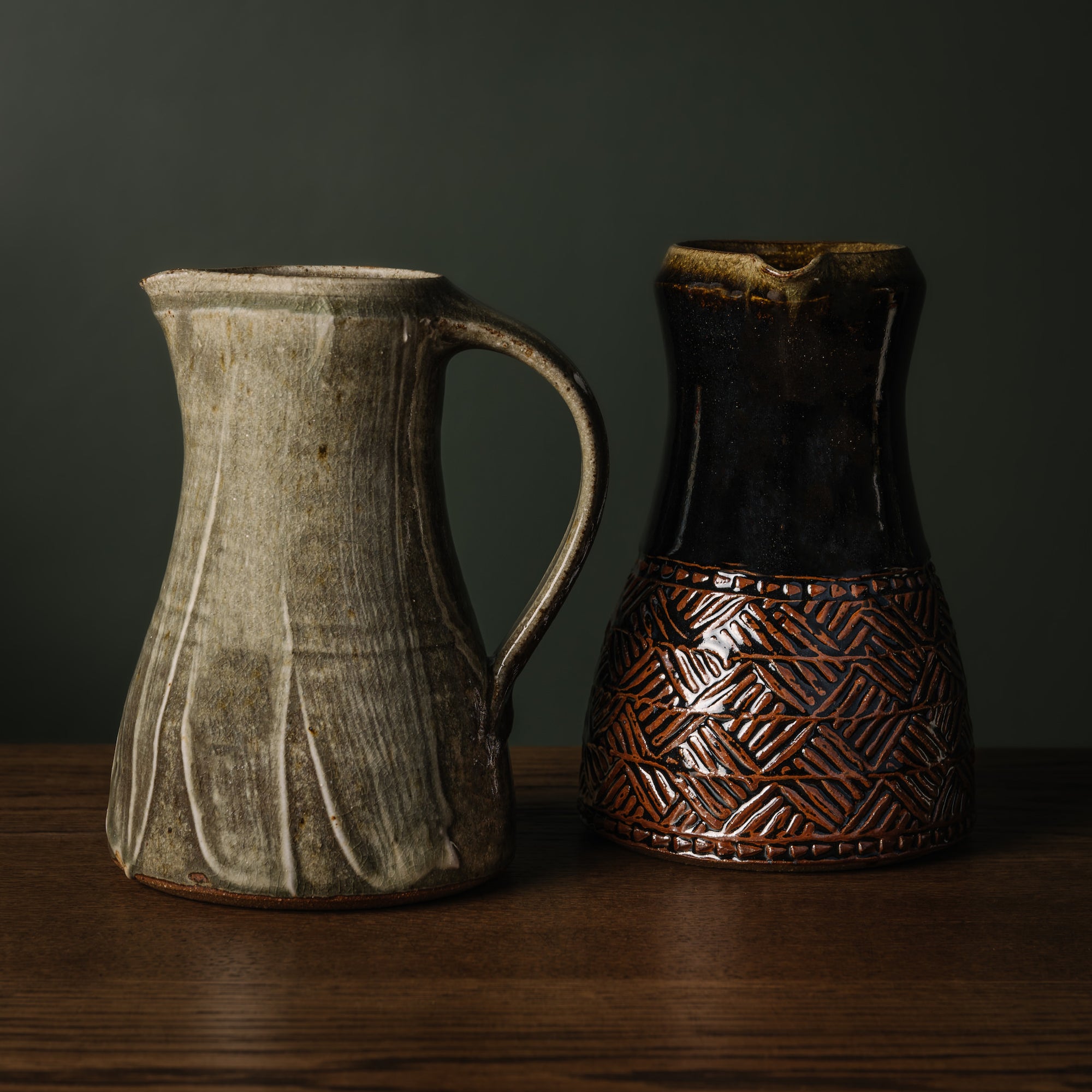 Leach Pottery Medium Jugs in Ash & Tenmoku Glaze
