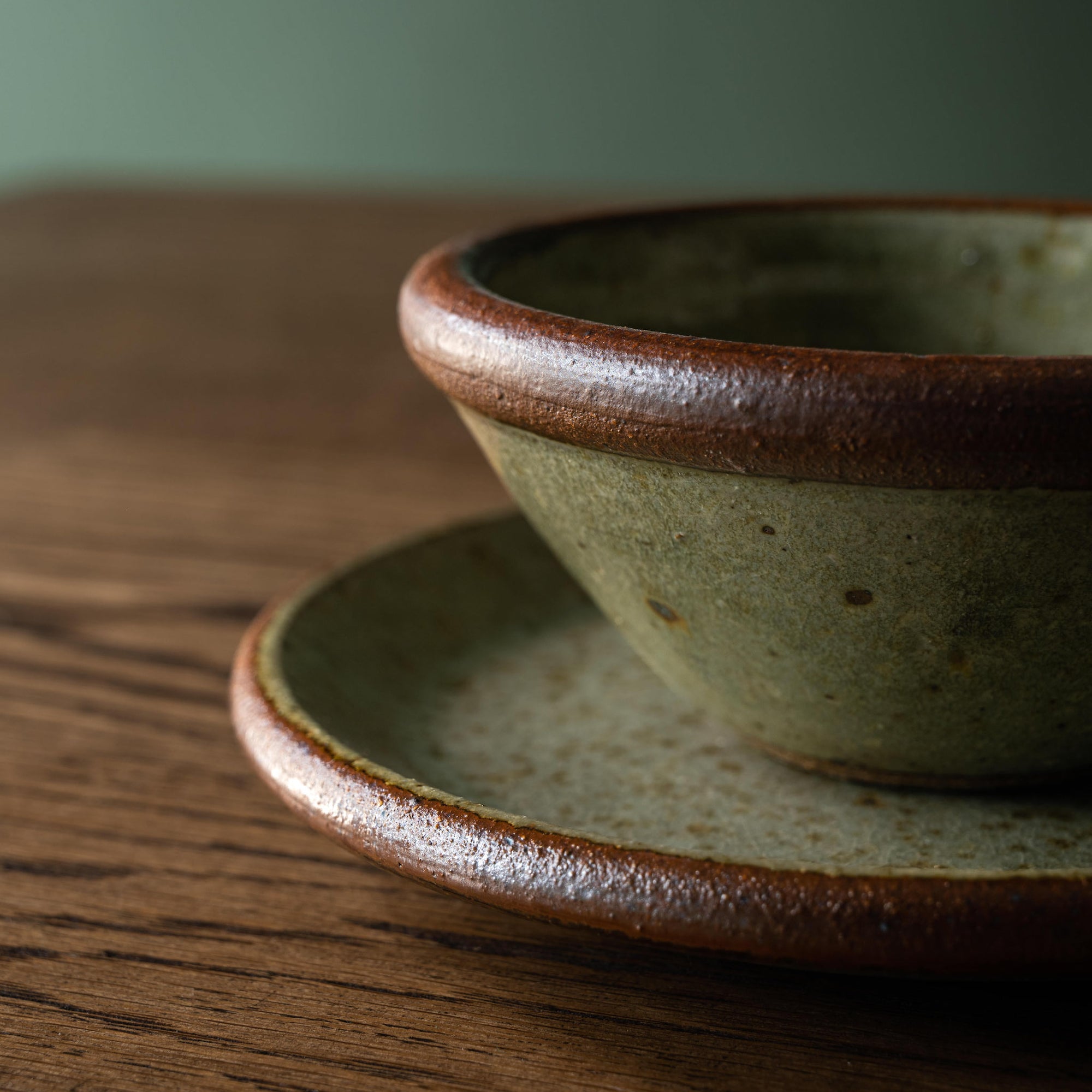 Leach Pottery Ash Glaze Plate & Bowl close up